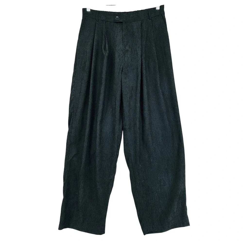JUNY Wide Leg Baggy Corduroy Pant M 32x31 Men Black Pleated Velour Relaxed Retro